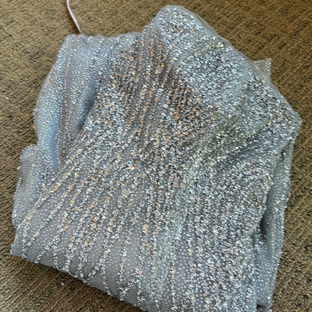 Marchesa Notte Strapless Beaded Glitter Maxi Column Gown w Caplet silver NEW - Picture 15 of 15
